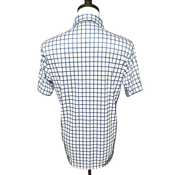 Collars & Co. Shirt Mens Medium White Blue Polo Grid Check Stretch Golf Preppy - Picture 2 of 9